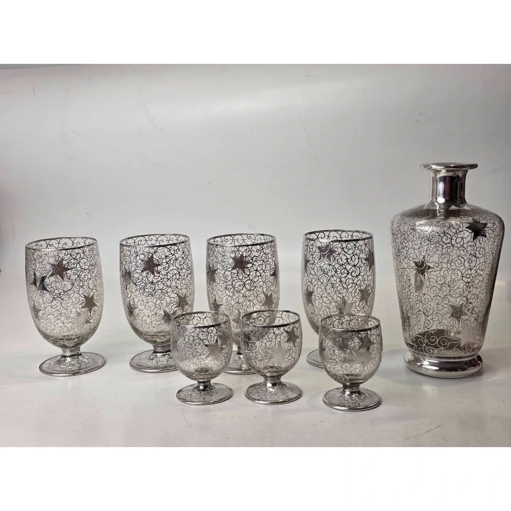 Vintage Saint Graal Silver Overlay Crystal Decanter & Glasses Cosmic Star France